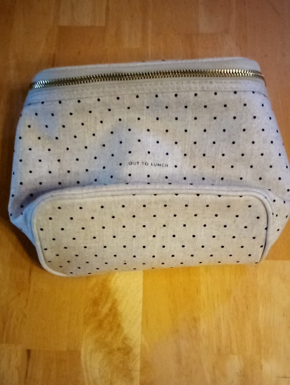 kate spade Gray Polka Dot Canvas Cosmetic Pouch with Gold Zip "Out To Lunch' Bag